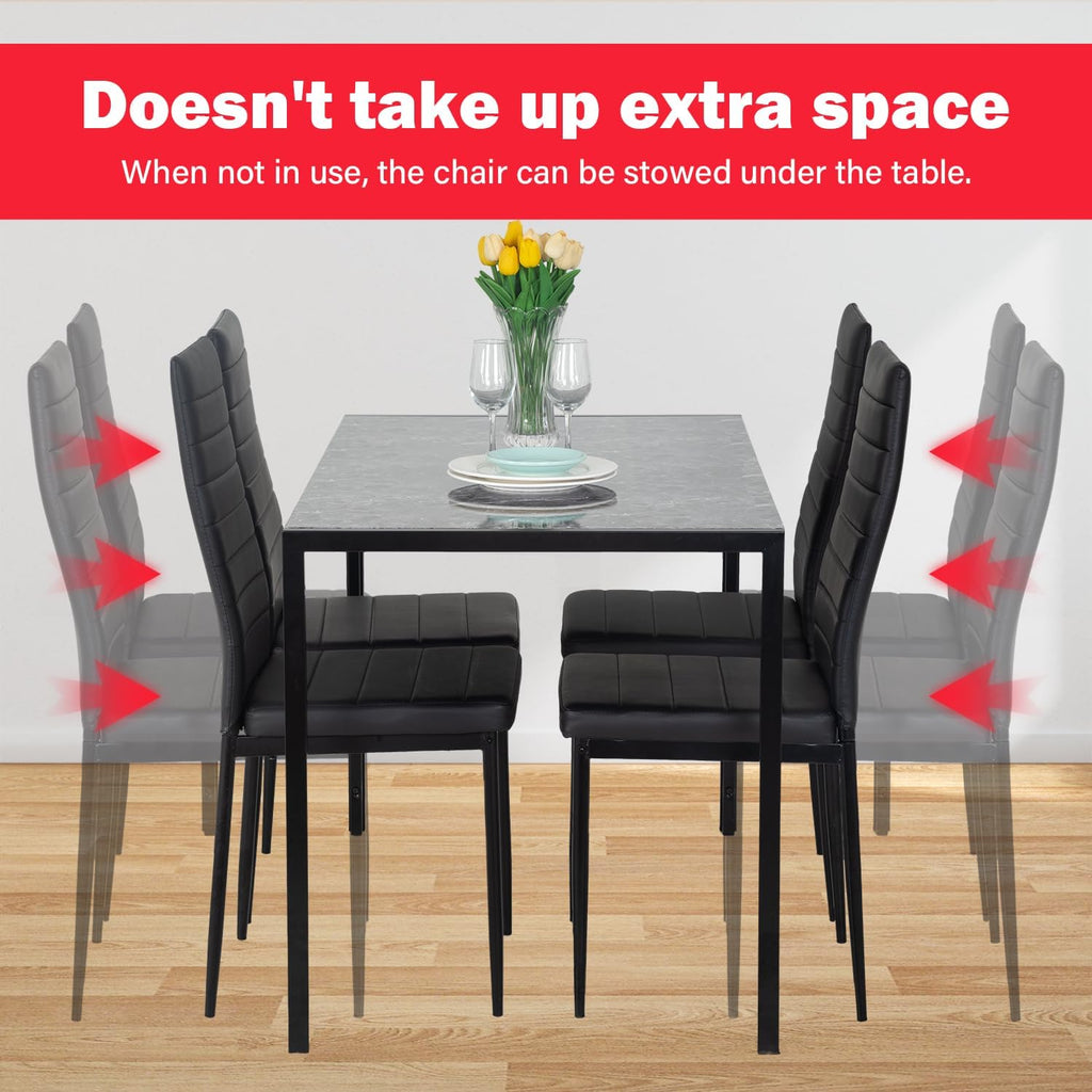 PayLessHere Dining Table and Chairs Set, Modern Rectangular Marble Table top with 4 Chairs PU Leather for Dining Room and Kitchen, Black Marble