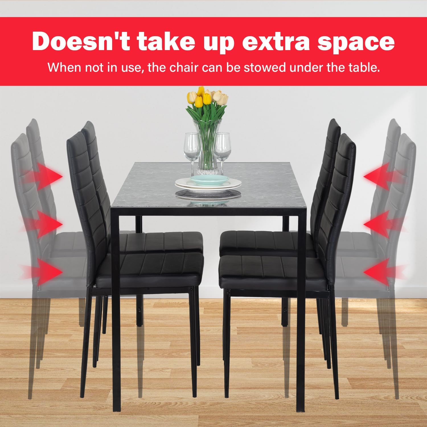 PayLessHere Dining Table and Chairs Set, Modern Rectangular Marble Table top with 4 Chairs PU Leather for Dining Room and Kitchen, Black Marble