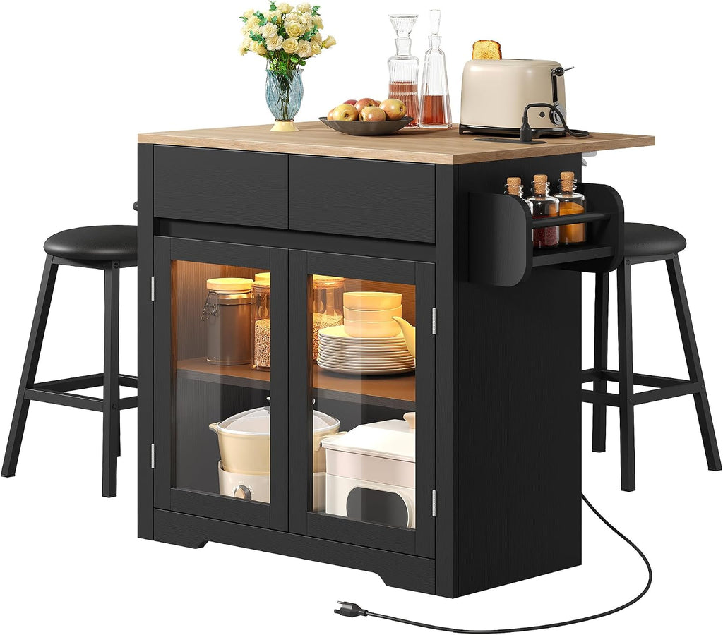 DWVO Kitchen Island with Drop Leaf, Mobile Kitchen Storage Islands with Power Outlet & LED Lights, 37.5' Rolling Dinning Table with Seating, 2 Soft Cushion Bar Stools, Towel & Spice Rack, Qak Black