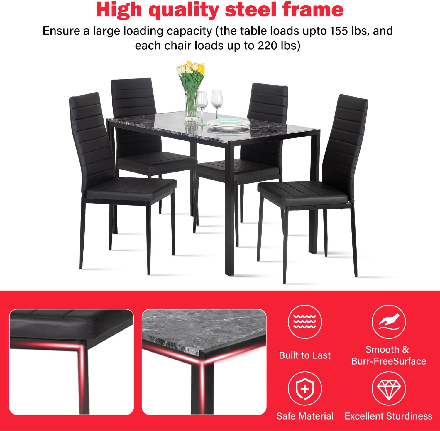 PayLessHere Dining Table and Chairs Set, Modern Rectangular Marble Table top with 4 Chairs PU Leather for Dining Room and Kitchen, Black Marble