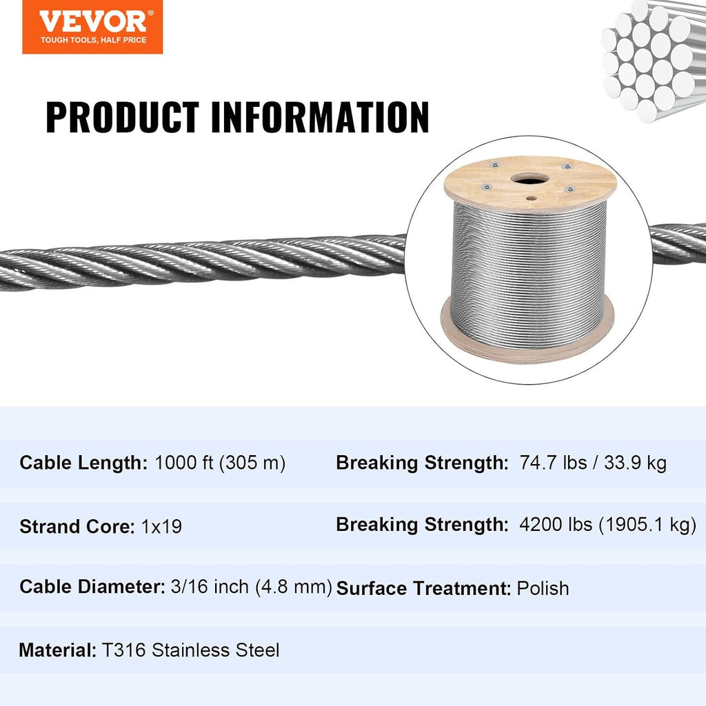 BestEquip 3/16 Stainless Steel Cable 1000FT, T316 Marine Grade Wire Rope 1x19 Aircraft Cable Railing for Deck Rail String Lights Hanging Porch Fence DIY Baluster