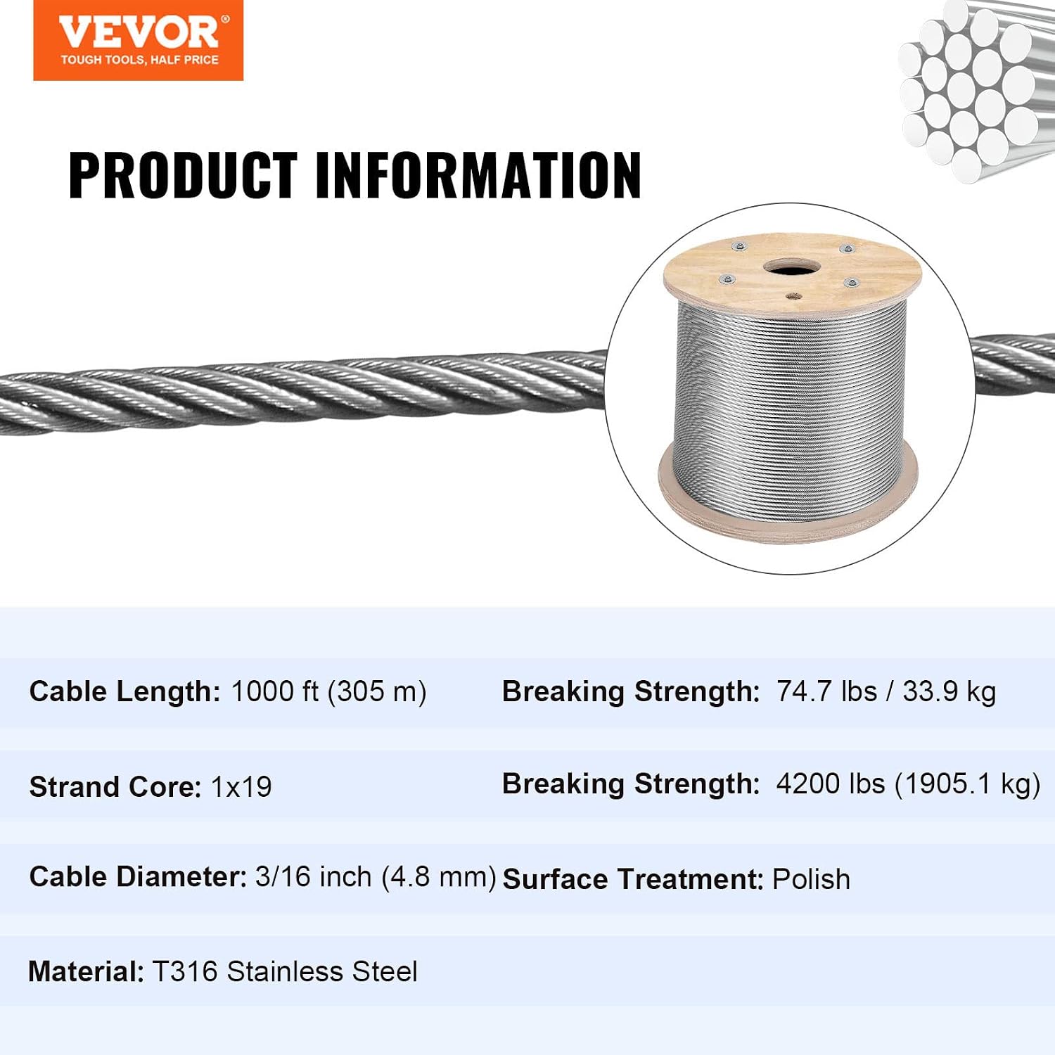 VEVOR 3/16 Stainless Steel Cable 1000FT, T316 4700 LBS Breaking Strength Thickened Cable Railing System Wire Rope Aircraft Deck Railing Kit Fence Wire