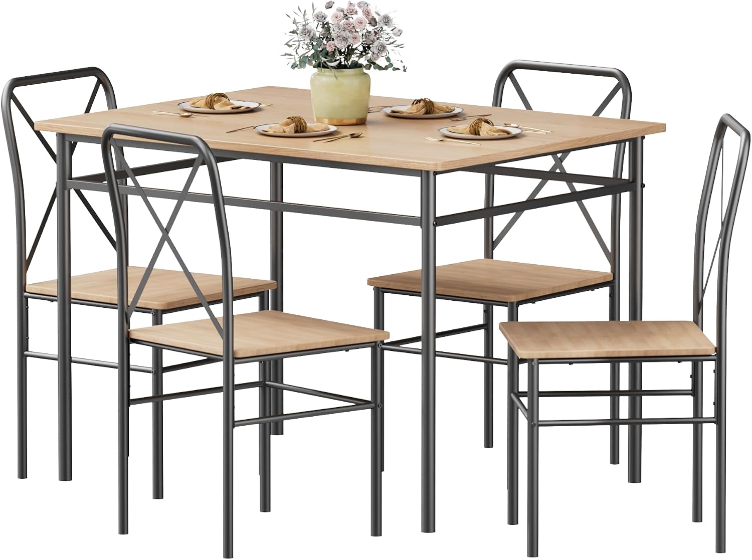 VECELO Dining Table Set for 4, 5-Piece Wood Kitchen Table with Chairs for Small Space, Breakfast Nook, Space-Saving, Natural Black