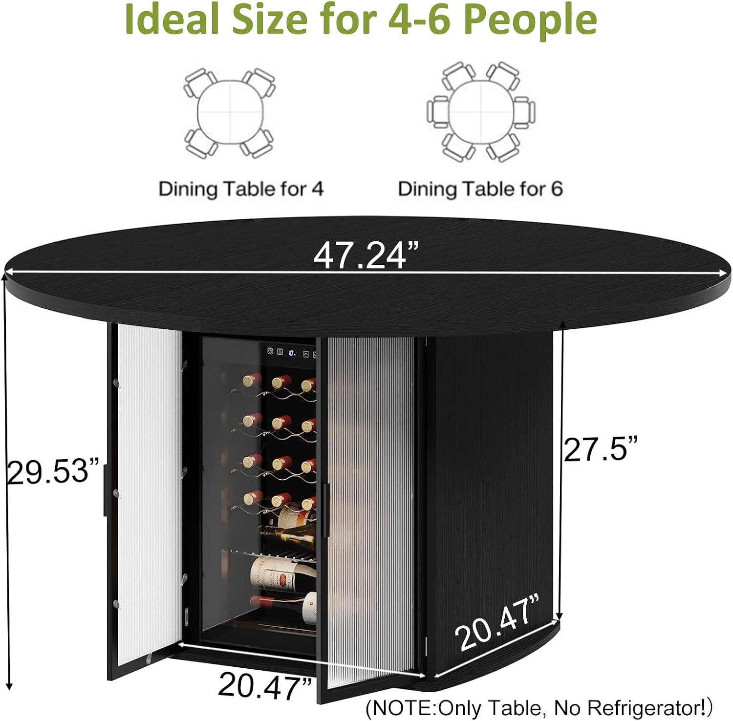 IBF Black Round Dining Table for 4-6, 47' Kitchen Table with Fridge Space, Modern Dining Room Tables with Storage, Industrial Wood Dinner Tables for Home Kitchen Living Room, Black Oak, Only Table