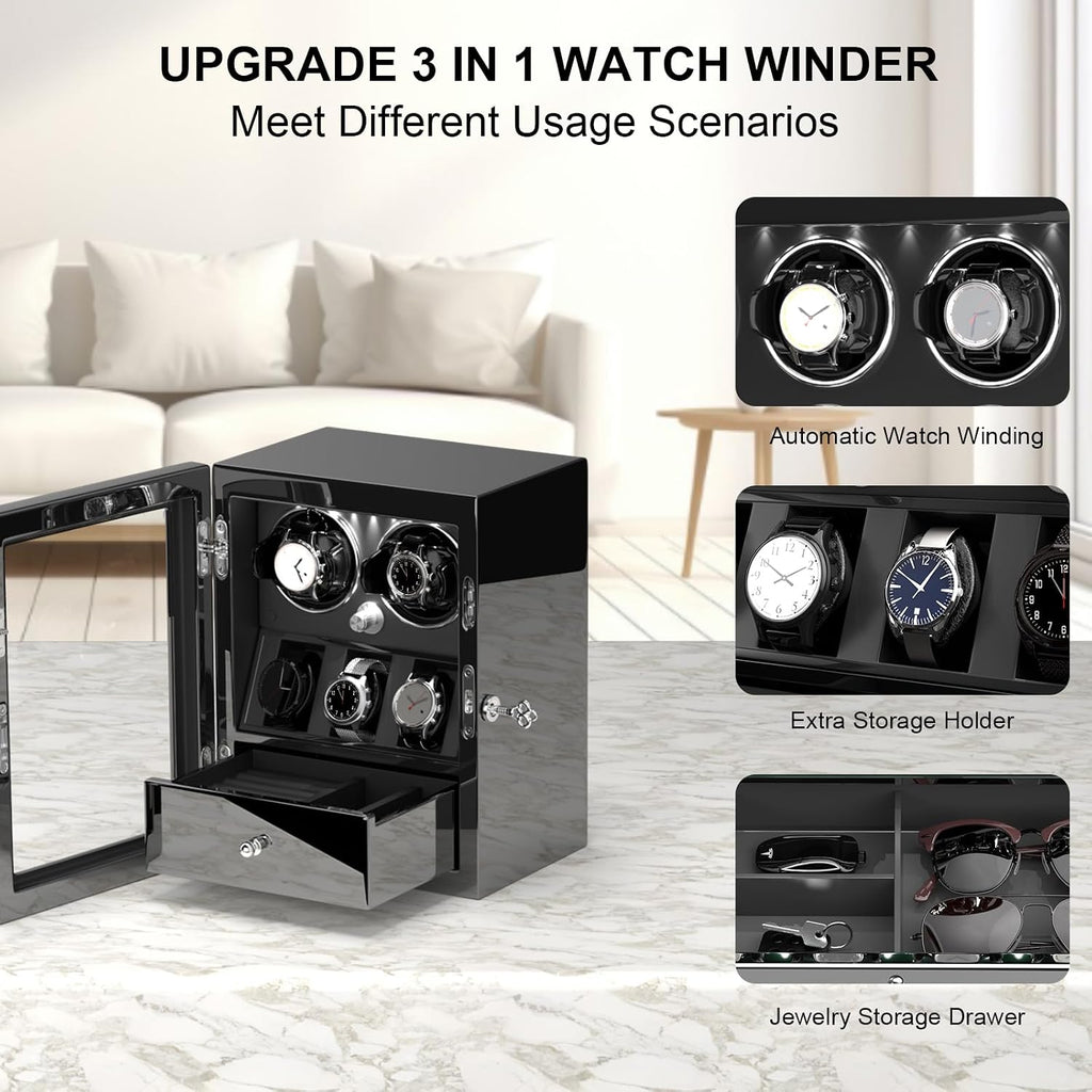 DUKWIN Watch Winder for 4/6/8 Automatic Watches, Lockable Winders with Watch Holders and Jewelry Storage, Super Quiet Motor with High-Gloss Finish, Built-in Illumination