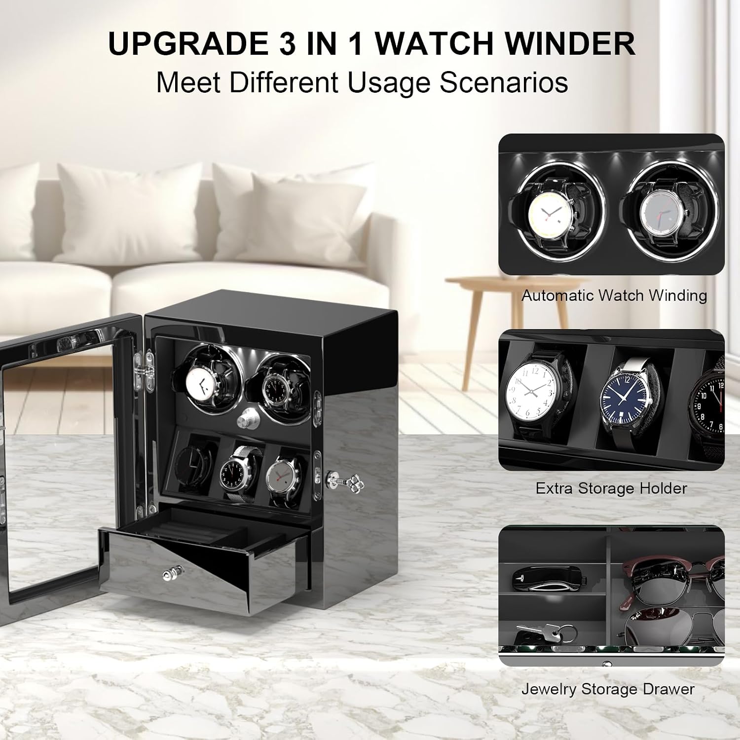 DUKWIN Watch Winder for 4/6/8 Automatic Watches, Lockable Winders with Watch Holders and Jewelry Storage, Super Quiet Motor with High-Gloss Finish, Built-in Illumination