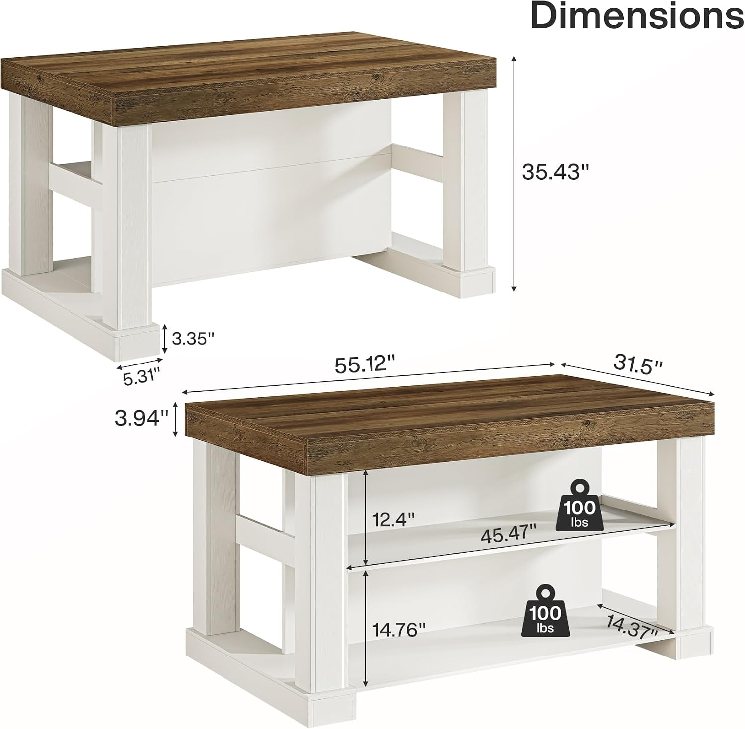 Tribesigns 55' Kitchen Island with Seating and Storage, 3-Tier Farmhouse Wood Stationary Island Table with Large Worktop & Leg Room, Coffee Bar Table with Storage Shelves for Kitchen, White and Brown