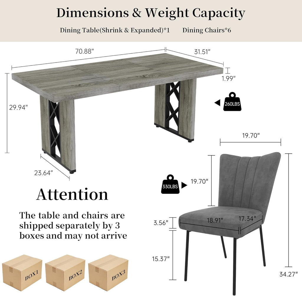 HIPIHOM 7-Piece Dining Table Set for 6 People, 70.8' MDF Kitchen Table with 6 Velvet Chairs, Space-Saving for Dining Room, Breakfast Nook(Grey Table+6 Grey Chairs)