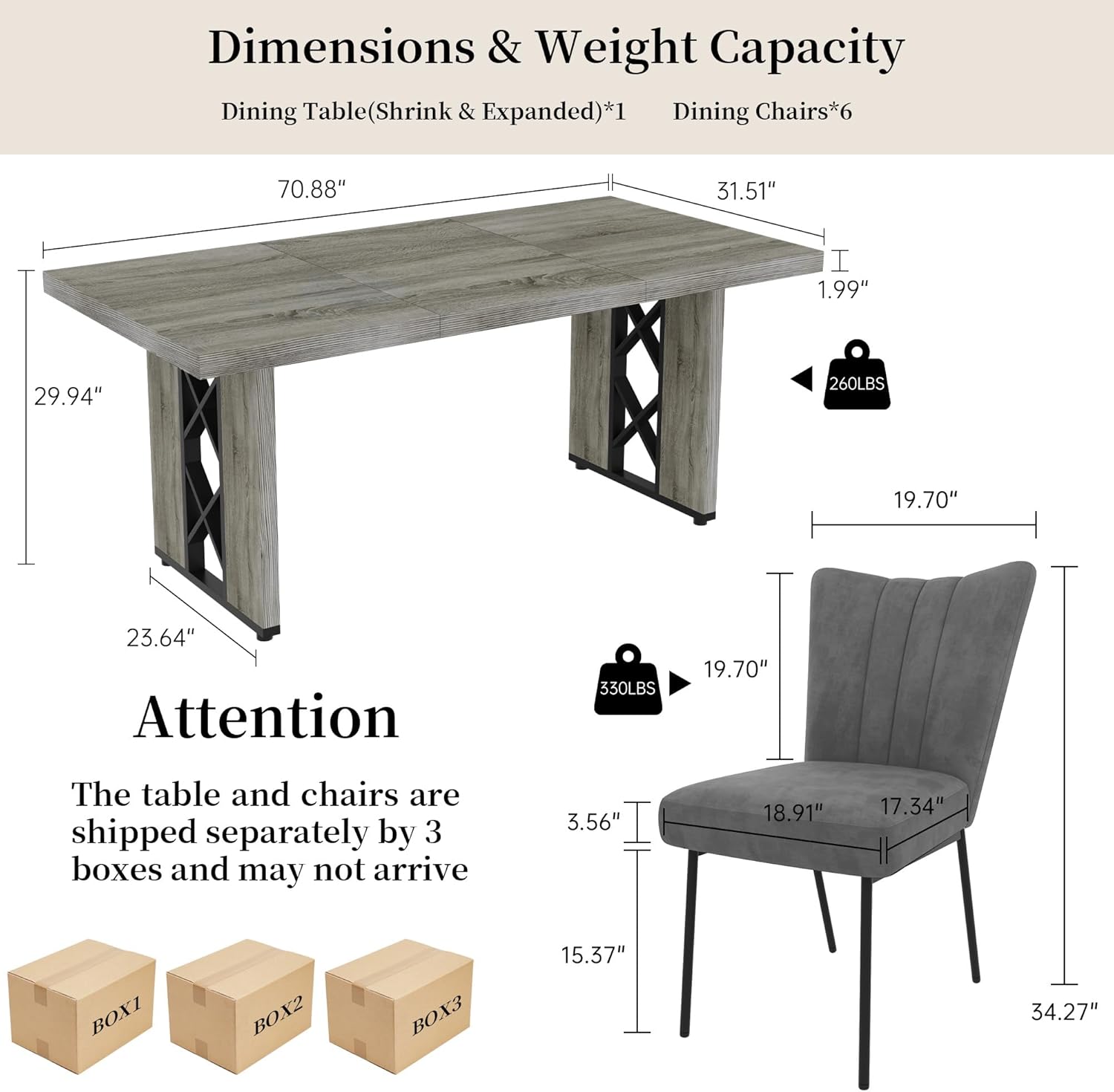 HIPIHOM 7-Piece Dining Table Set for 6 People, 70.8' MDF Kitchen Table with 6 Velvet Chairs, Space-Saving for Dining Room, Breakfast Nook(Grey Table+6 Grey Chairs)