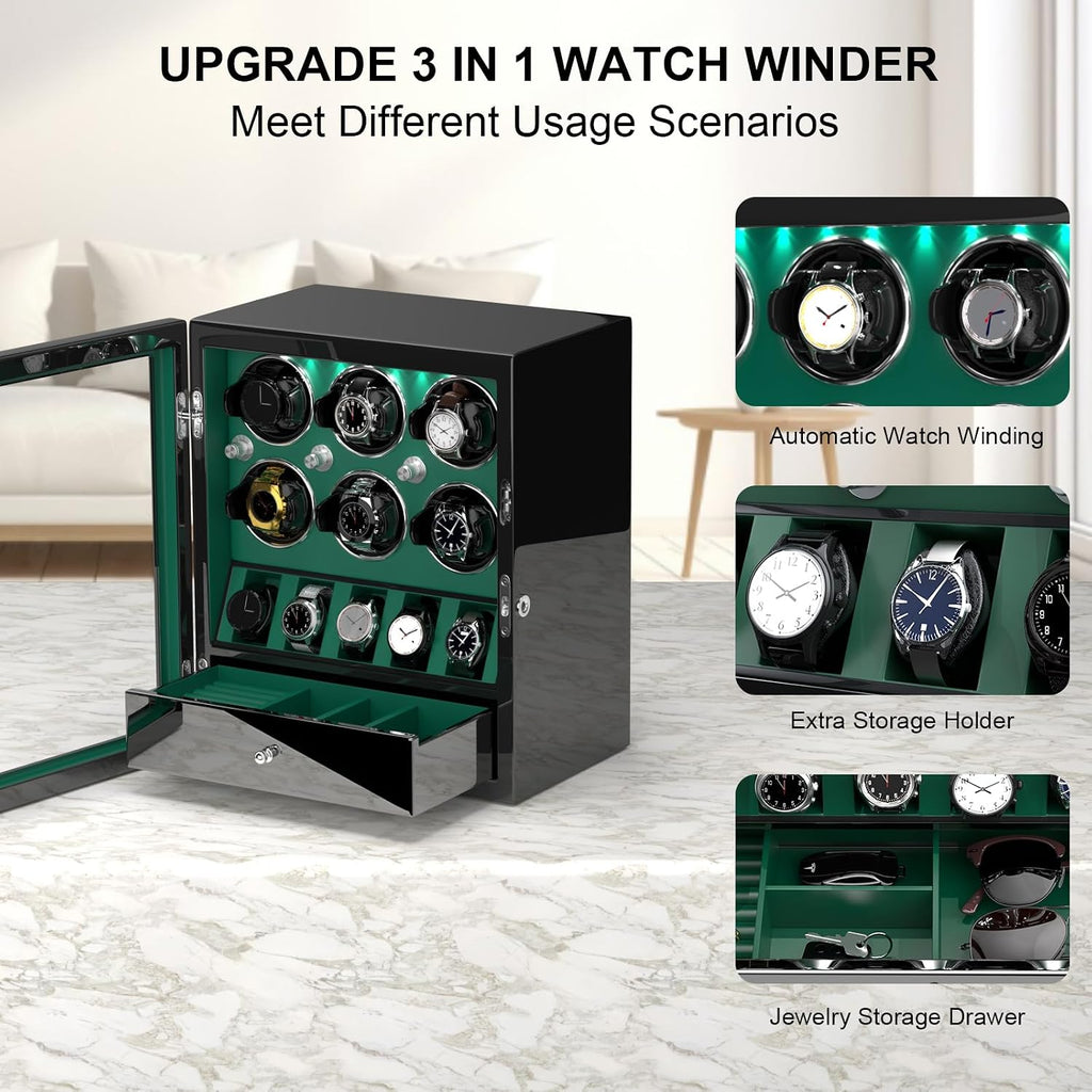 DUKWIN Watch Winder for 4/6/8 Automatic Watches, Lockable Winders with Watch Holders and Jewelry Storage, Super Quiet Motor with High-Gloss Finish, Built-in Illumination