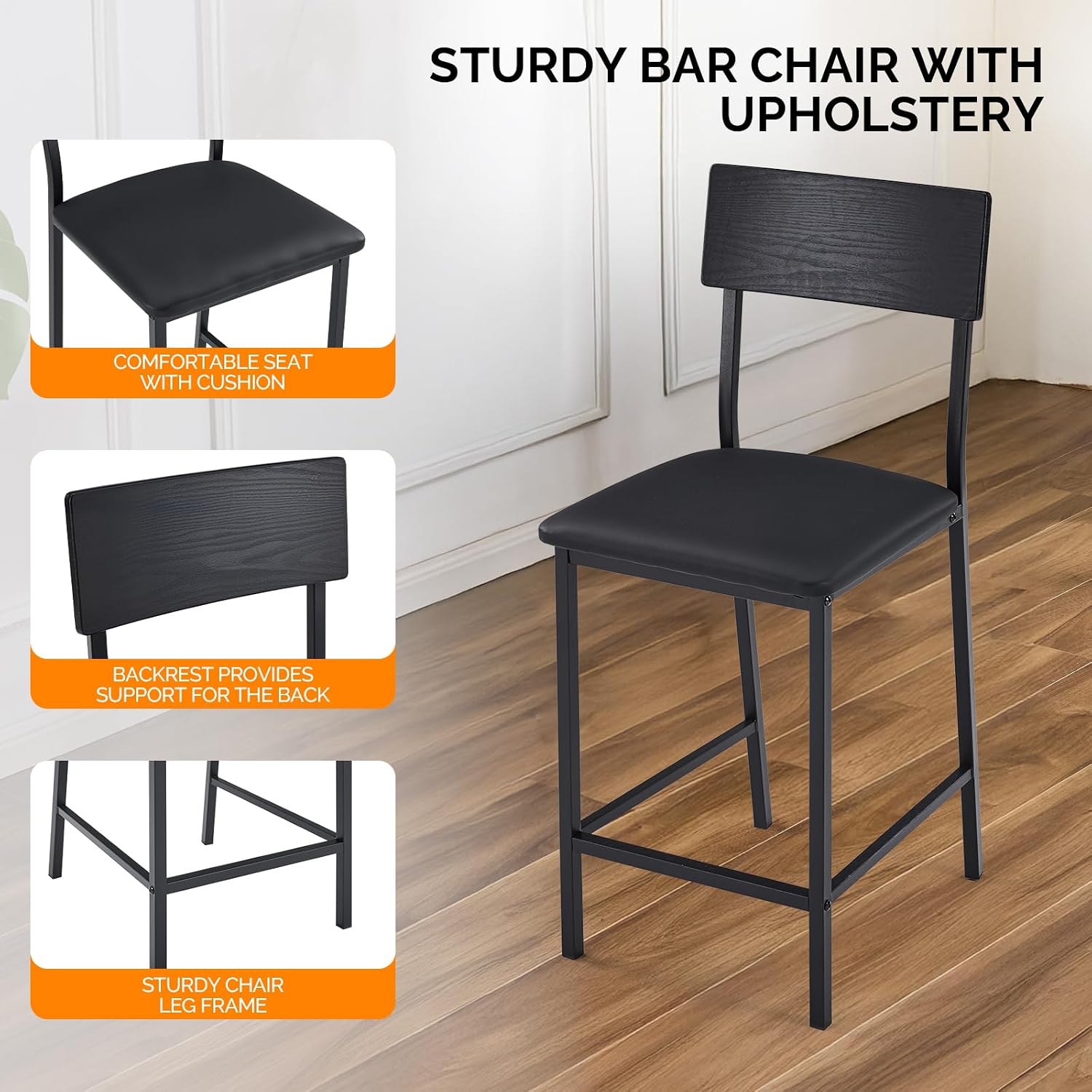 VINGLI Dining Table Set for 2, Kitchen Breakfast Counter Height Small 3 Piece Bar Table and Chairs Set with Storage, Black