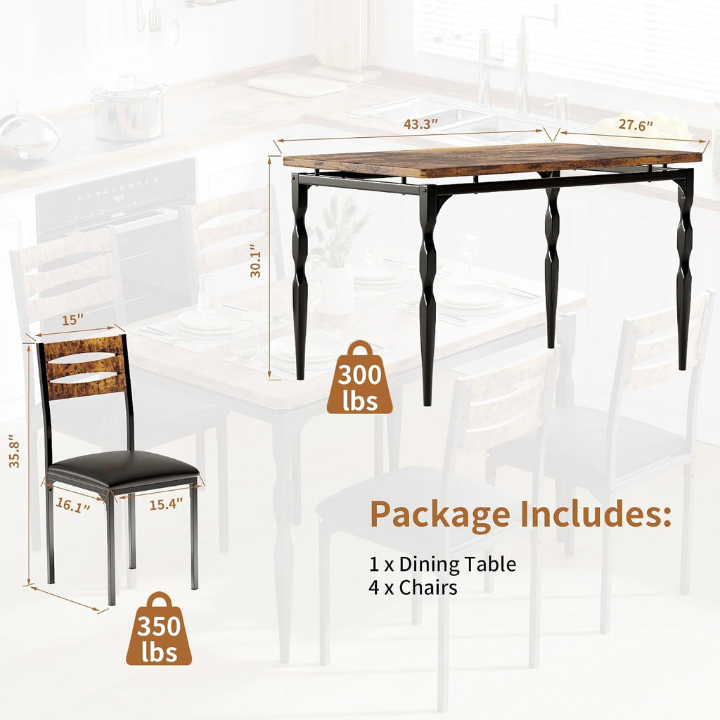 Garvee 5 Piecs Dining Table Set, Farmhouse Style Dining Table and Chairs Set for 4, Dining Set for Dining Room Kitchen Apartment, Brown