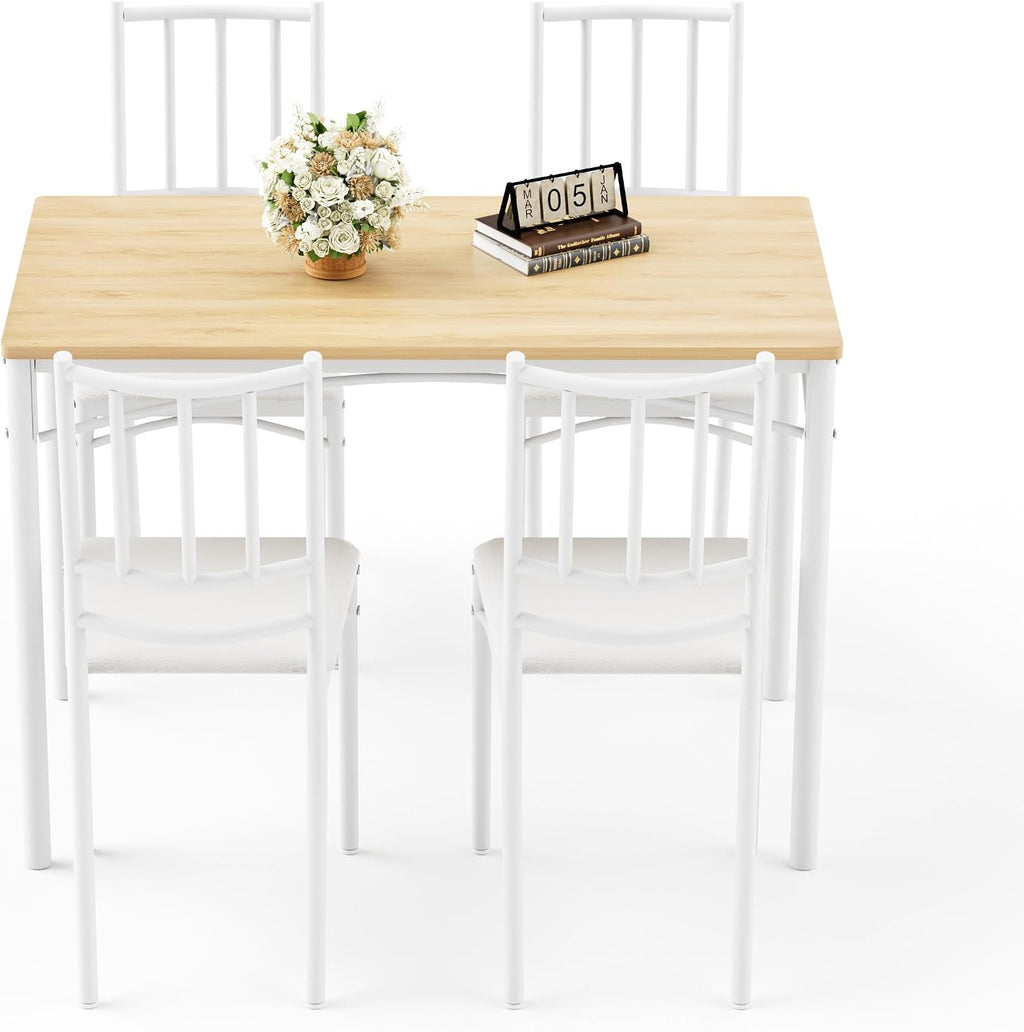 Dining Table Set for 4, Industrial Kitchen Table Set with 4 Upholstered Chairs, Metal Table and Chairs Set for Kitchen, Dining Room, Living Room, Natural+White