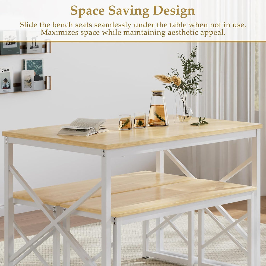 VECELO Kitchen Dining Table Benches Set for 4, 43.3' Wooden Dinette with 2 Benches, Heavy-Duty Dining Room Table for Small Space, Breakfast Nook, Natural Oak
