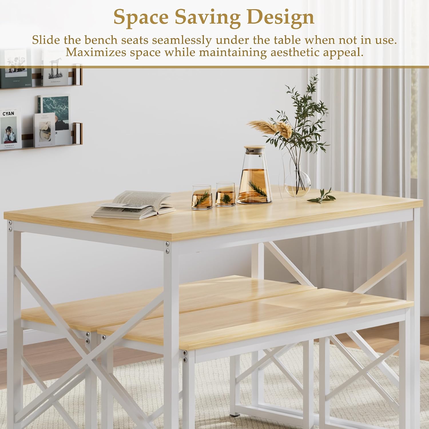 VECELO Kitchen Dining Table Benches Set for 4, 43.3' Wooden Dinette with 2 Benches, Heavy-Duty Dining Room Table for Small Space, Breakfast Nook, Natural Oak