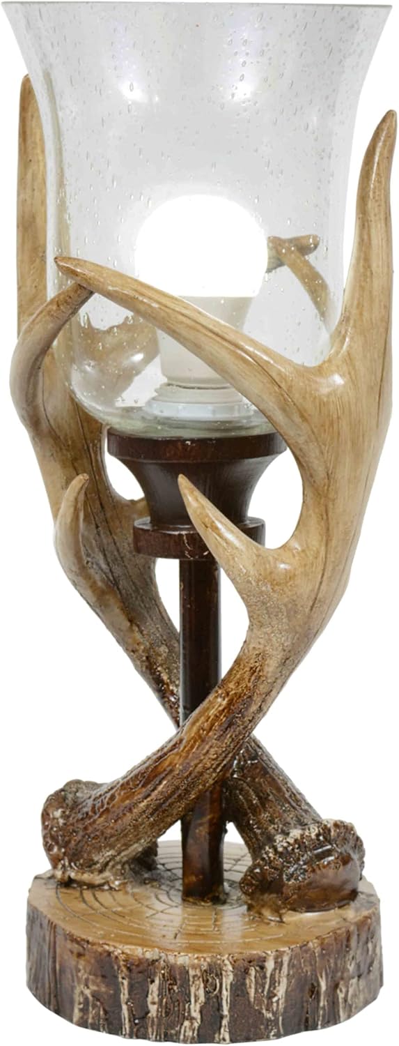 BLACK FOREST DECOR Antler Lodge Uplight Lamp - Rustic Lodge Lamp with Seeded Glass Globe