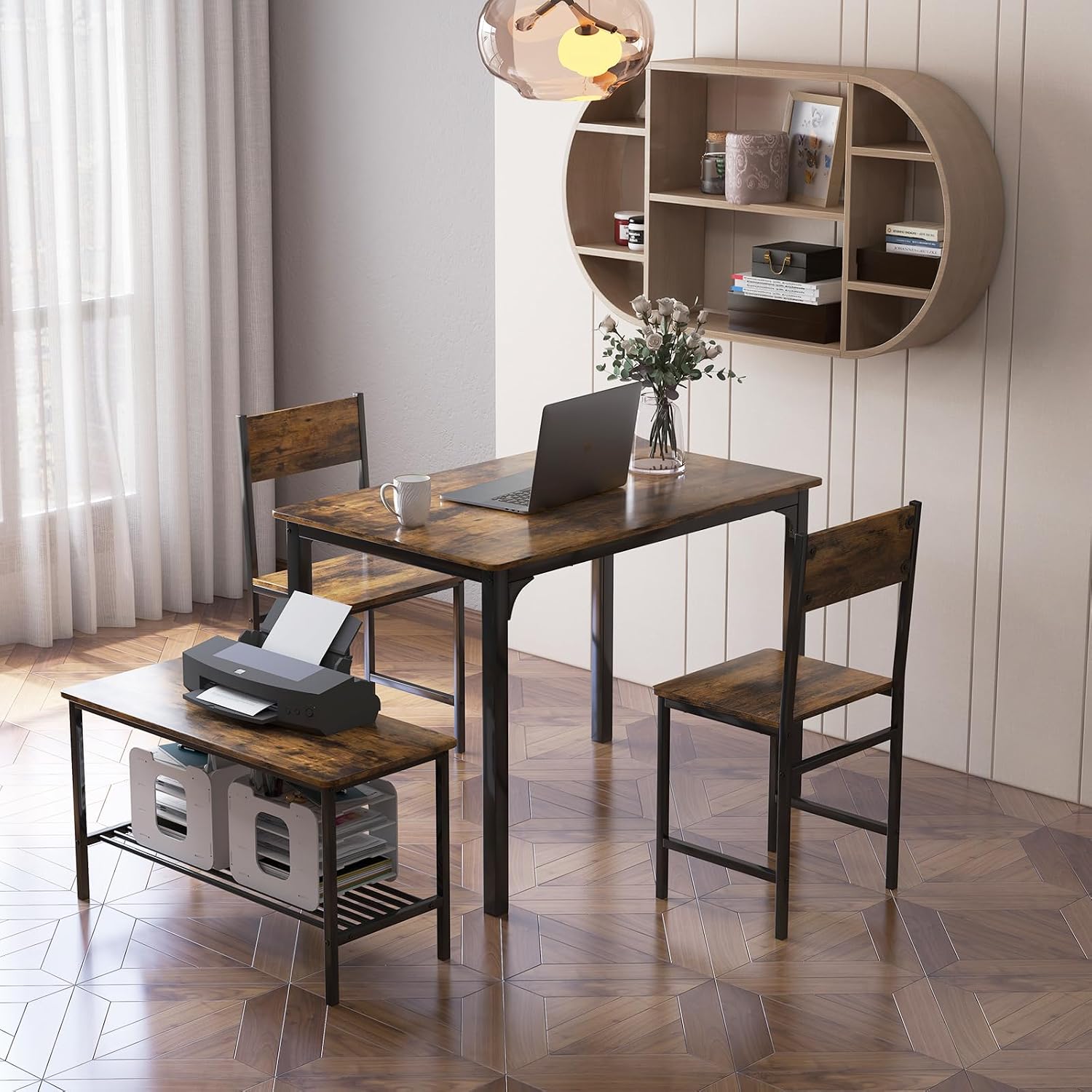 Giantex Dining Table Set for 4, Kitchen Table with Bench and Chairs, Industrial Gathering Bench Dining Set W/Metal Frame & Storage Rack, Dinette Set, Modern Functional Desk Set (Rustic Brown)