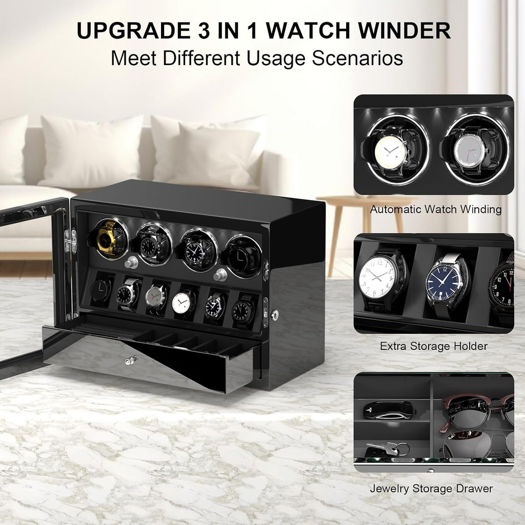 DUKWIN Watch Winder for 4/6/8 Automatic Watches, Lockable Winders with Watch Holders and Jewelry Storage, Super Quiet Motor with High-Gloss Finish, Built-in Illumination