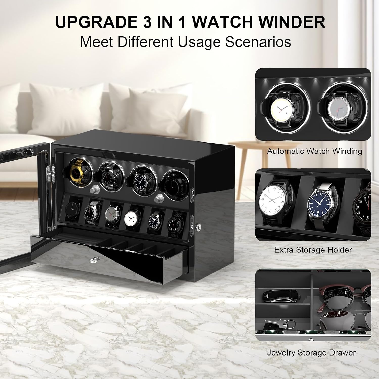 DUKWIN Watch Winder for 4/6/8 Automatic Watches, Lockable Winders with Watch Holders and Jewelry Storage, Super Quiet Motor with High-Gloss Finish, Built-in Illumination