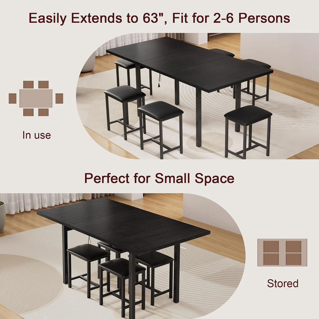 VECELO 7-Piece Dining Table Set with 6 Square Stools, 63' Expandable Kitchen Table with USB Charging & Metal Frame for 2/4/6, Wood Dinette Perfect for Small Spaces, Easy Assembly, Black