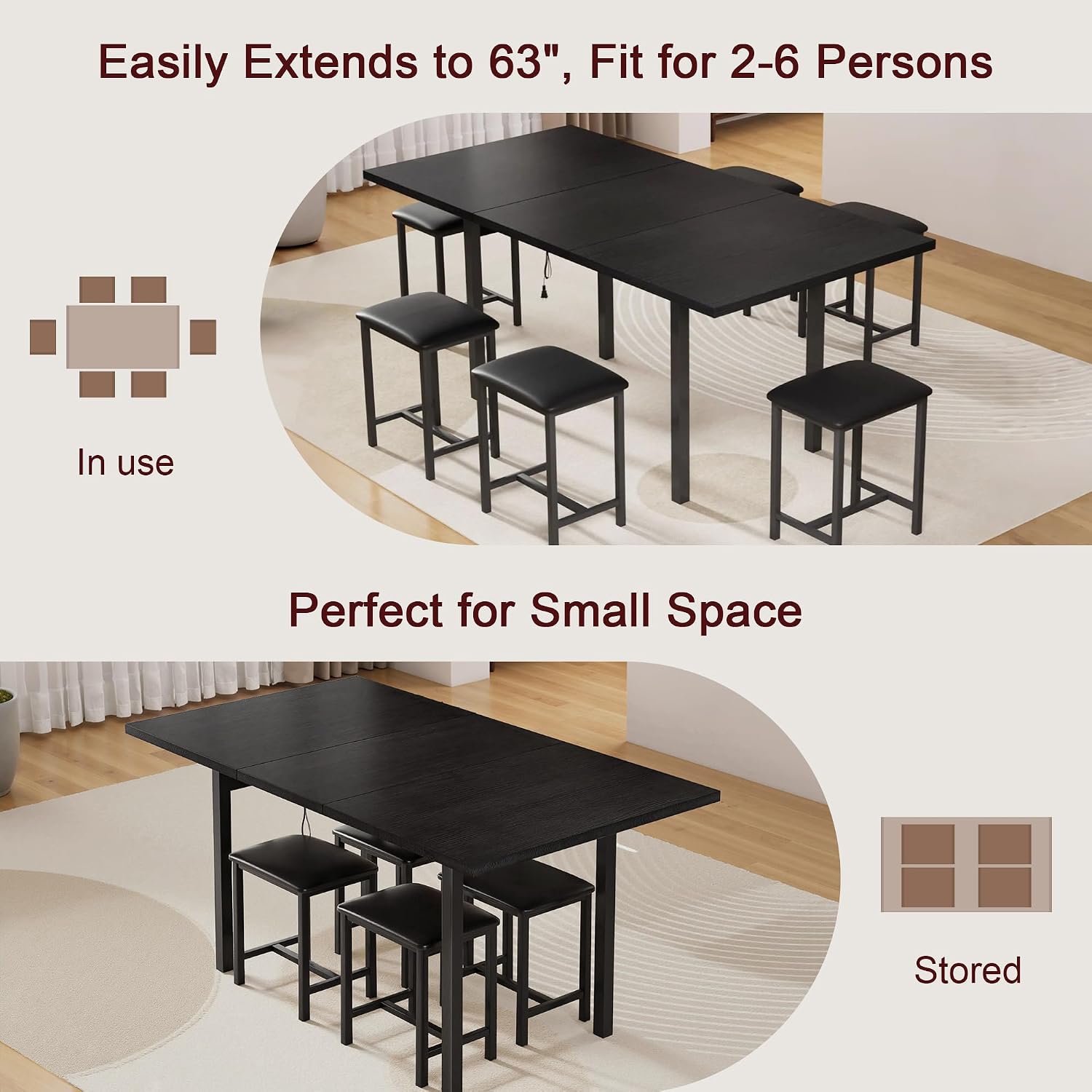 VECELO 7-Piece Dining Table Set with 6 Square Stools, 63' Expandable Kitchen Table with USB Charging & Metal Frame for 2/4/6, Wood Dinette Perfect for Small Spaces, Easy Assembly, Black