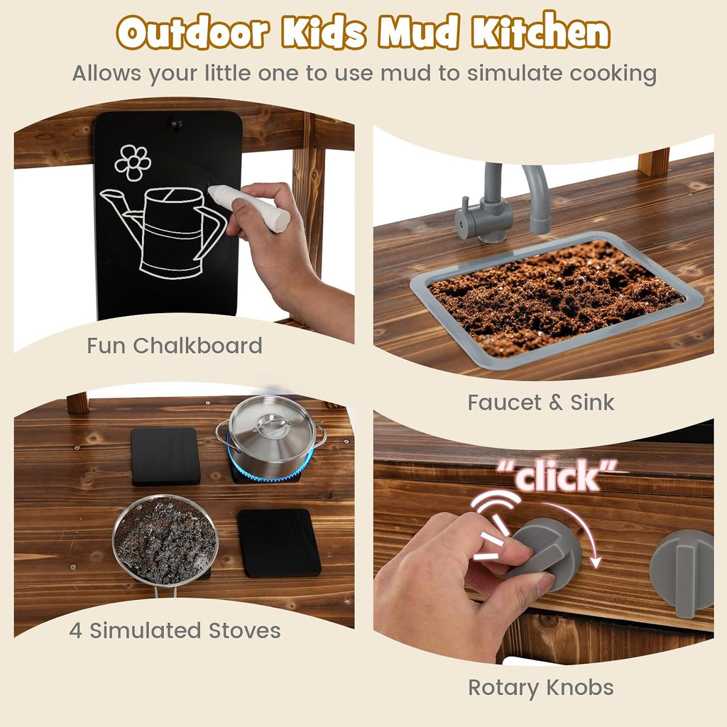 HONEY JOY Mud Kitchen with Canopy, Fir Wood Play Kitchen for Toddlers, Garden Sink, Stoves, Chalkboard, Storage Cabinet, Flowerpot, Outside Kitchen Playset, Mud Kitchen for Kids Outdoor Backyard
