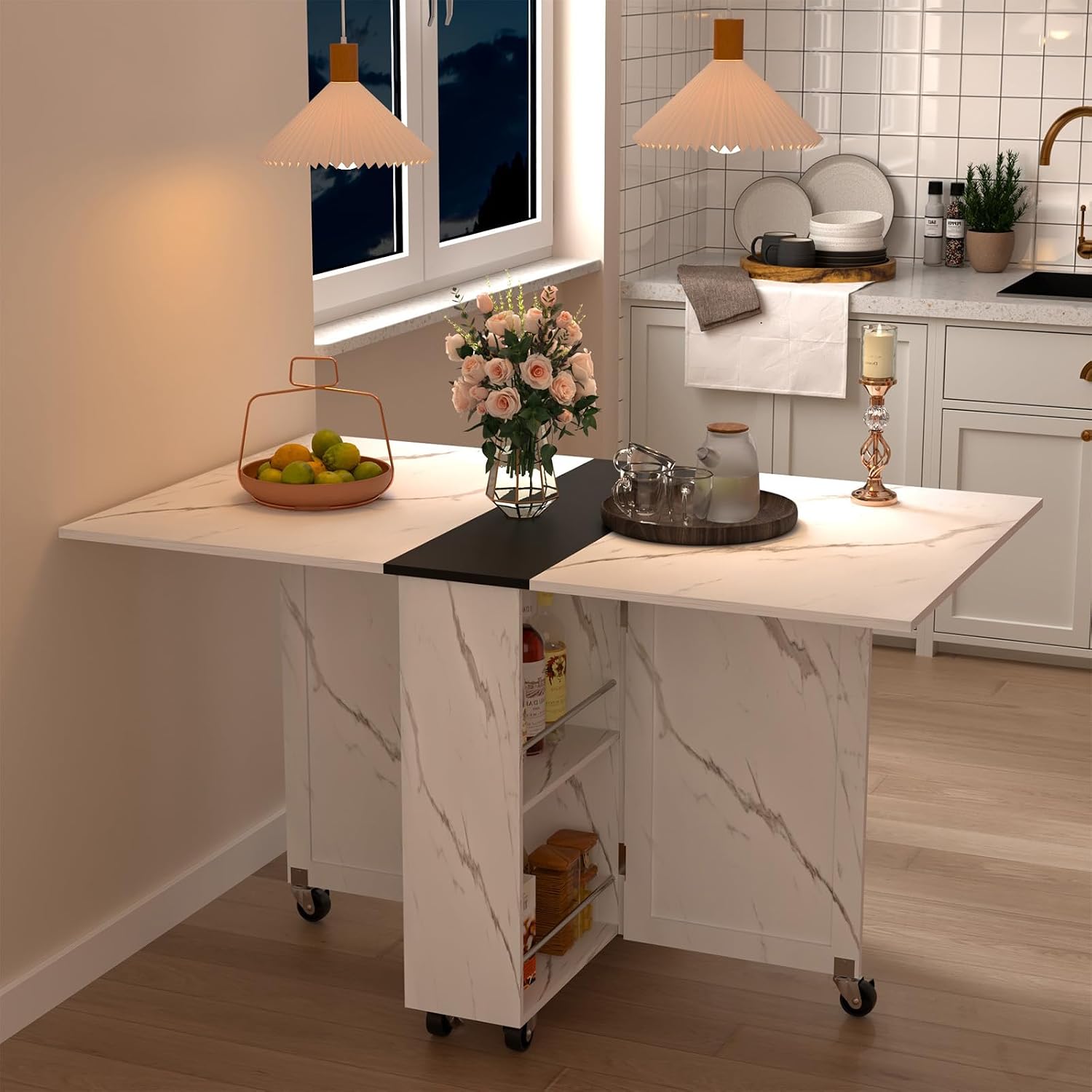 White Marble Mobile Folding Dining Table - 6-Wheel Rolling Kitchen Cart with Storage, Drop Leaf Design for Small Spaces, Seats 4-6