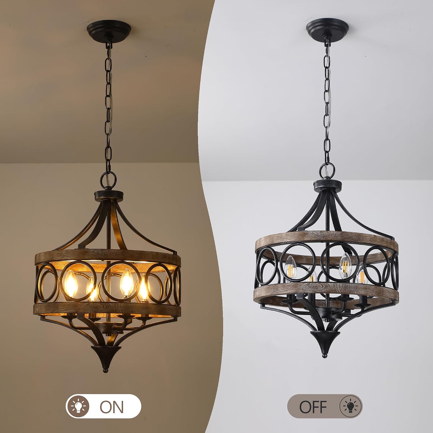 15.7' Farmhouse Chandeliers for Dining Room 4-Light Raindrop Solid Wood Antique Pendant Chandelier French Country Light Fixture for Living Room Bedroom Foyer Kitchen Island Entryway