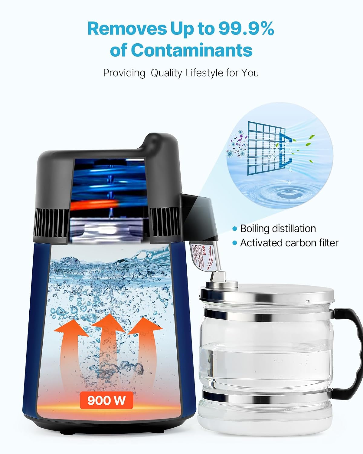 VEVOR Water Distiller, 6L/1.6 Gal Distilled Water Maker Countertop, 900W Distilling Machine with Glass Carafe, 0–99H Timer, Time & Temp Display, 2-Layer 304 Stainless Steel Distill for Home, Navy