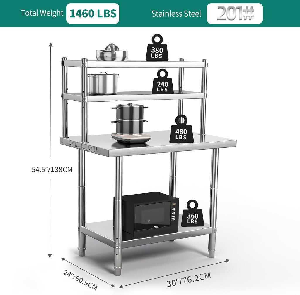 YITAHOME NSF Stainless Steel Table with Overshelves, 30' X 24' Work Table with 30' X 12' Shelf, Metal Table Prep Table for Home Kitchen Restaurant Garage Warehouse