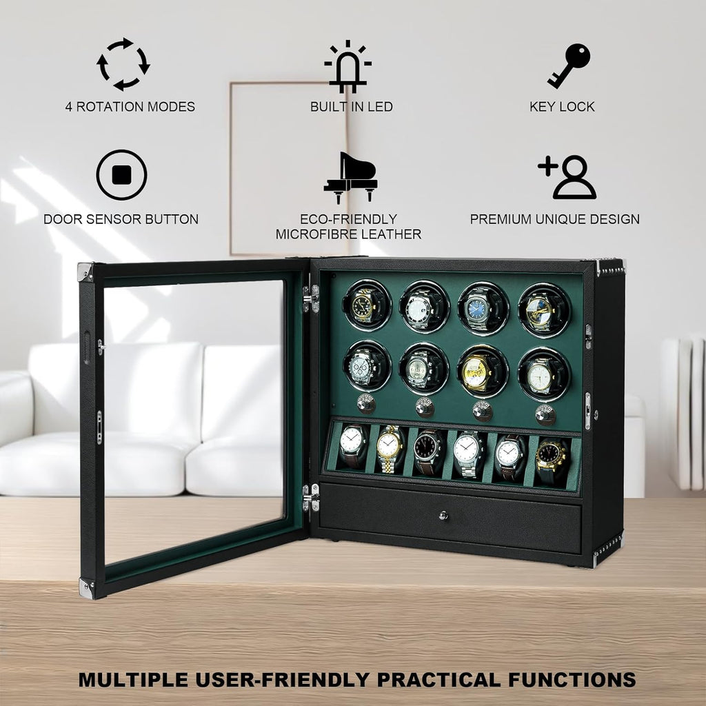 DUKWIN Watch Winder for 4/6/8 Automatic Watches, Lockable Winders with Watch Holders and Jewelry Storage, Super Quiet Motor with High-Gloss Finish, Built-in Illumination