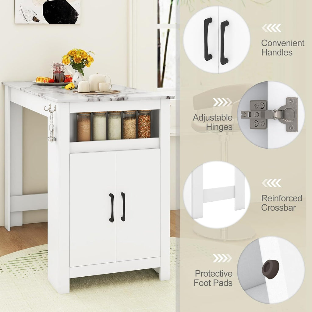 COSTWAY Bar Table, Modern Faux Marble Breakfast Table with 7 Hanging Hooks, Open Compartment, Storage Cabinet & Adjustable Shelf, Counter Height Dining Table for Kitchen, Dining Room, Living Room