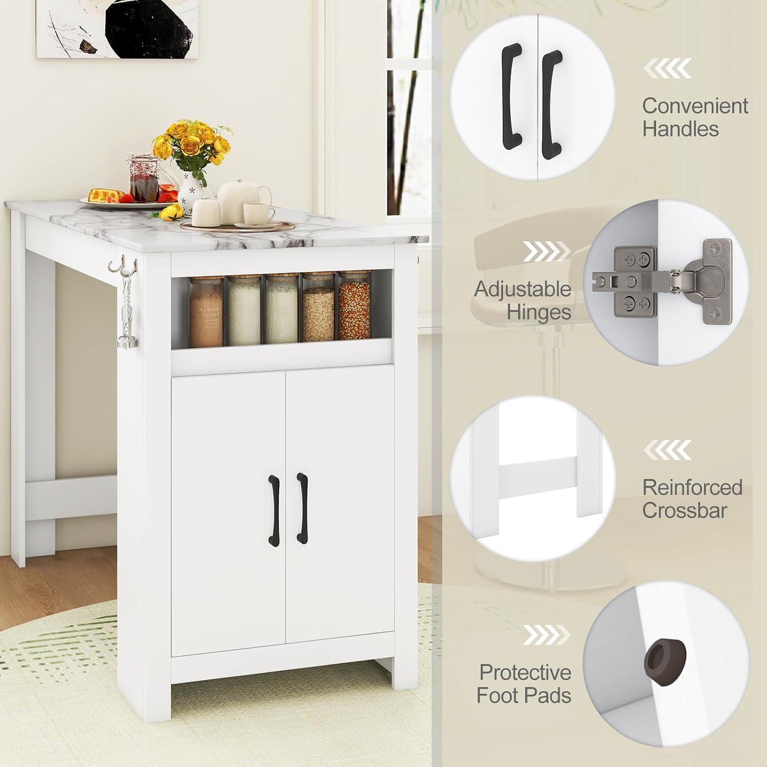 COSTWAY Bar Table, Modern Faux Marble Breakfast Table with 7 Hanging Hooks, Open Compartment, Storage Cabinet & Adjustable Shelf, Counter Height Dining Table for Kitchen, Dining Room, Living Room