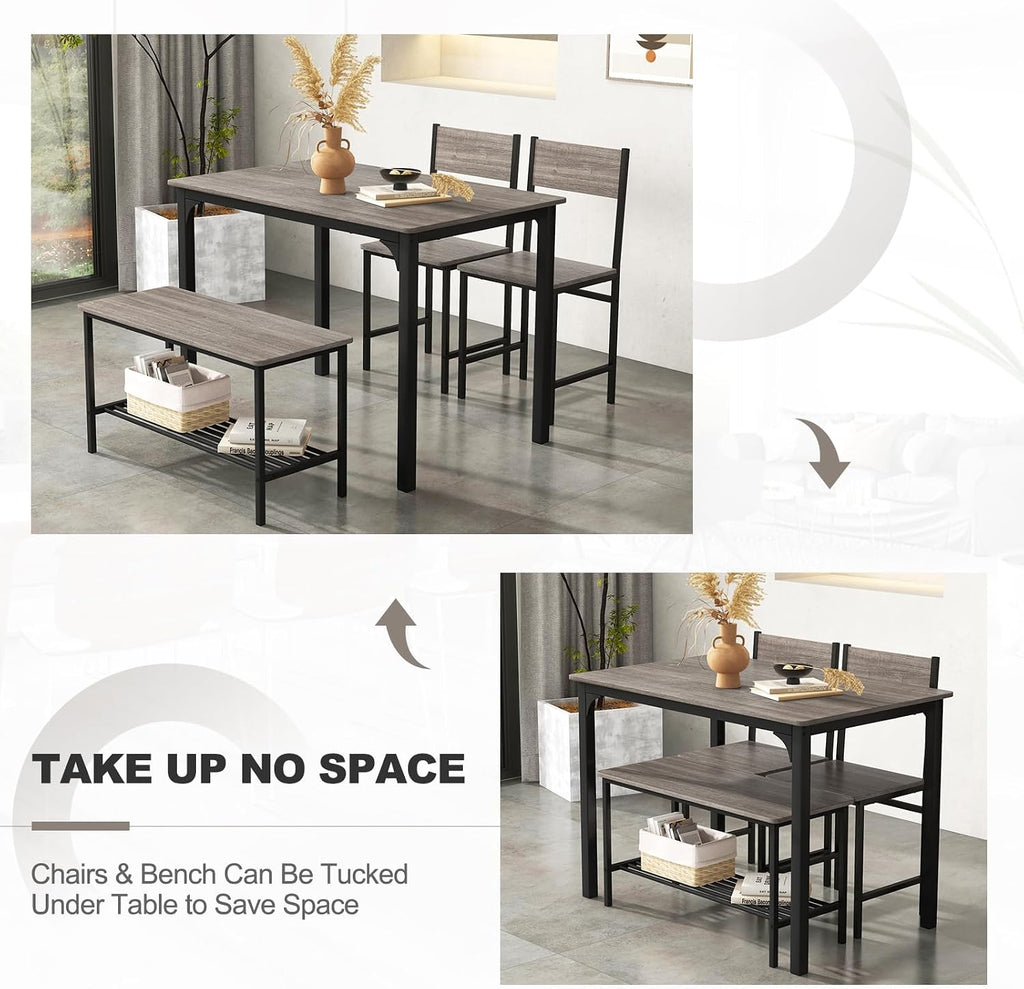 Giantex Dining Table Set for 4, Kitchen Table with Bench and Chairs, Industrial Gathering Bench Dining Set W/Metal Frame & Storage Rack, Dinette Set, Modern Functional Desk Set (Grey)