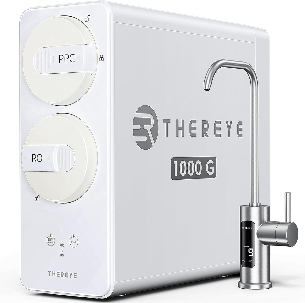 Thereye 8 Stage Reverse Osmosis System, 1000 GPD Tankless Reverse Osmosis Water Filter, Under Sink RO Water Filtration System, Reduce PFAS & TDS, Smart LED Faucet, 2:1 Pure to Drain, White