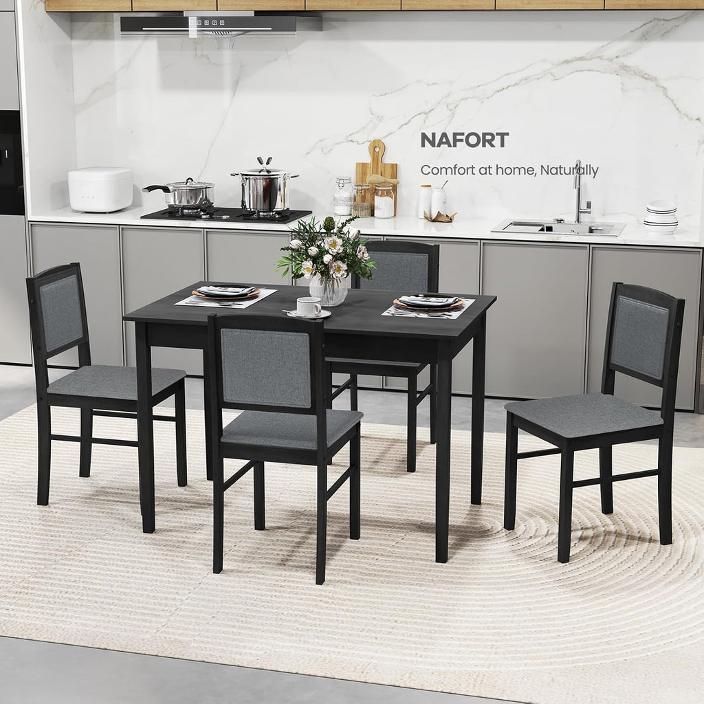 NAFORT Kitchen Table Set for 4, Mid-Century Modern Dining Table and Chairs Set of 4, Farmhouse Dinner Set w/ 4 Upholstered Chairs, Rubber Wood Dinette Set for Kitchen& Dining Room, Restaurant