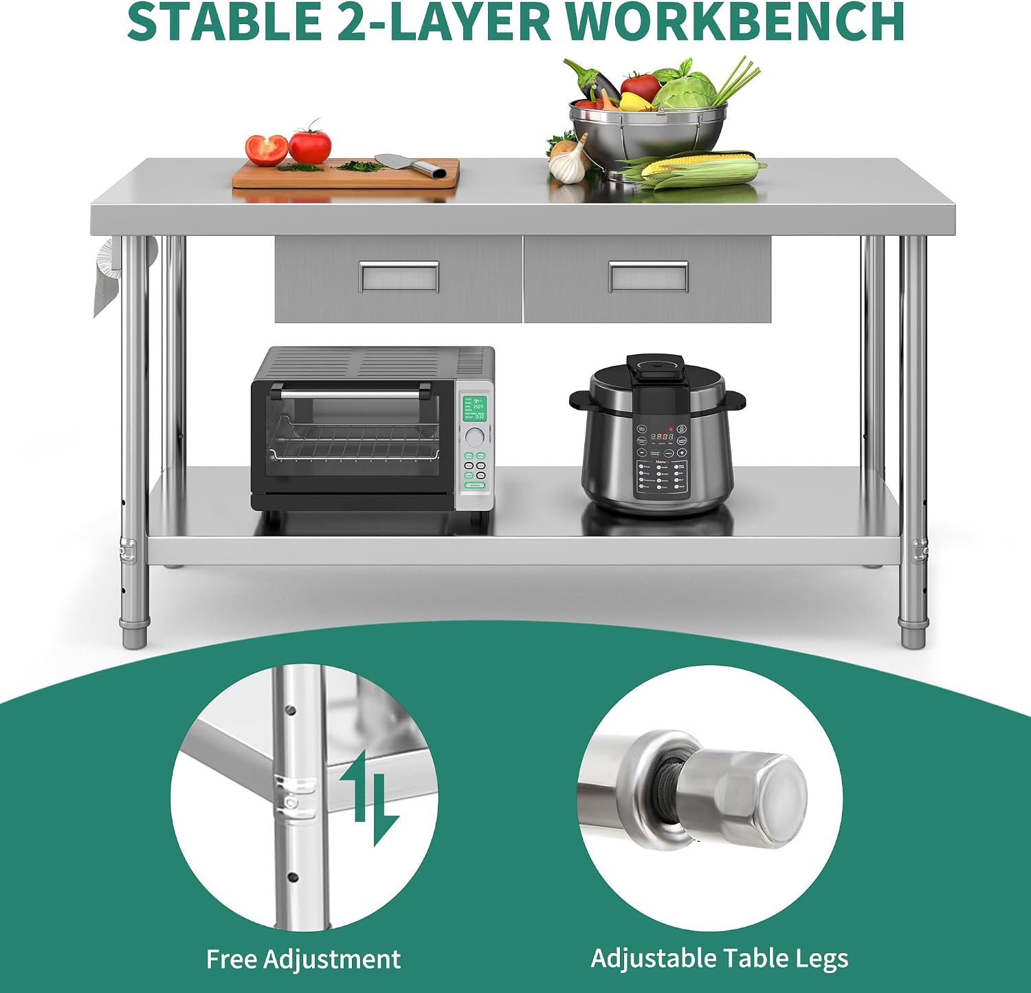 YITAHOME 60' X 24' Stainless Steel Table with Paper Towel Holder and 2 Drawers, NSF Work Table with Drawer, Metal Table Prep Table for Home Kitchen Restaurant Garage Warehouse