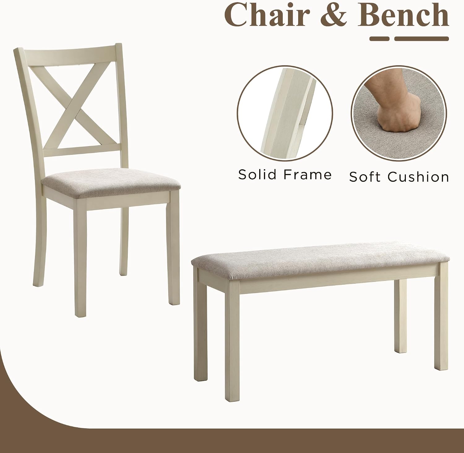 LUXOAK 60' Solid Wood Dining Table Set for 6, Farmhouse Kitchen Table with 4 Upholstered Chairs & Bench, 6-Piece Dining Room & Living Room Furniture, Cream White