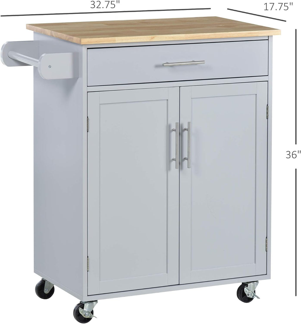 HOMCOM Kitchen Island Cart, Rolling Island Table with Solid Wood Top, Trolley Cart with Drawer, Storage Cabinet & Towel Rack, Gray