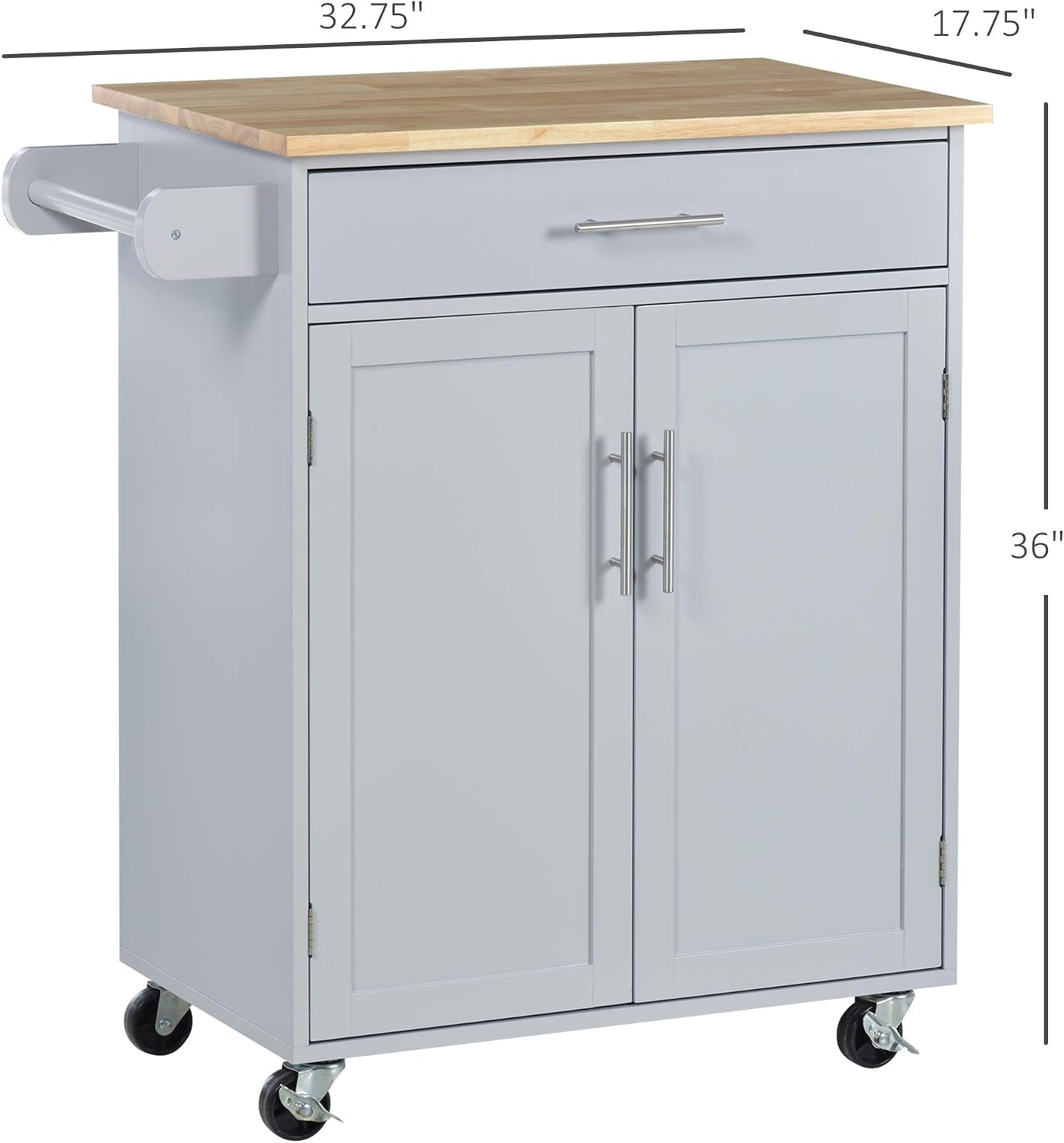 HOMCOM Kitchen Island Cart, Rolling Island Table with Solid Wood Top, Trolley Cart with Drawer, Storage Cabinet & Towel Rack, Gray