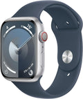 Apple Watch Series 9 [GPS + Cellular 45mm] Silver Aluminum Case with Storm Blue Sport Band S/M (Renewed)