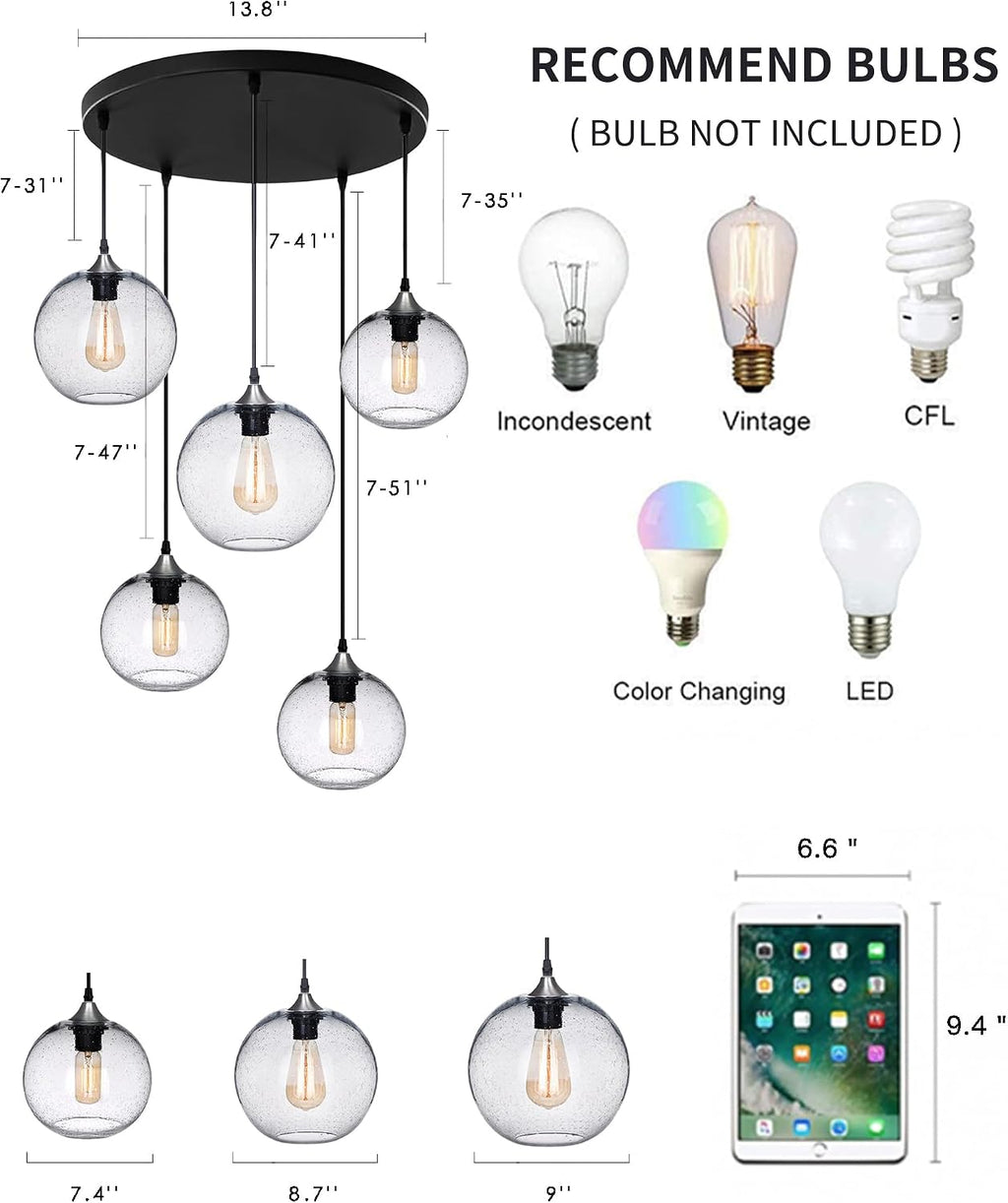 Glass Cluster Chandelier 5-Lights Pendant Lights Modern Rustic Seeded Bubbles Globe Ceiling Hanging Fixtures Entryway Hallway Dining Living Room Stair Group Lamp 7-9 Inch Diam