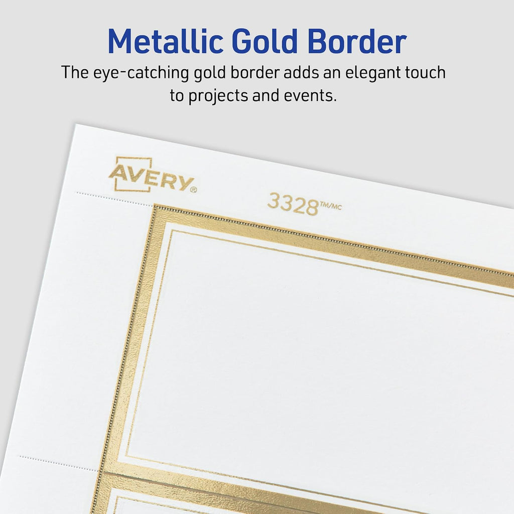 AVERY Tent Cards Metallic Gold Border 2 x 3.5 Inch | White Cardstock | Pre-scored | For Laser & Inkjet Printers | 80 Cards, Pack of 5
