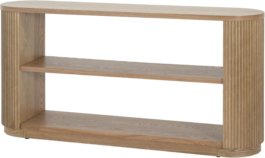Modern Curved Console Table 59-Inch Oval Fluted Entry Sofa Table with Open Storage Shelves for Living Room Entryway Hallway Furniture, Natural