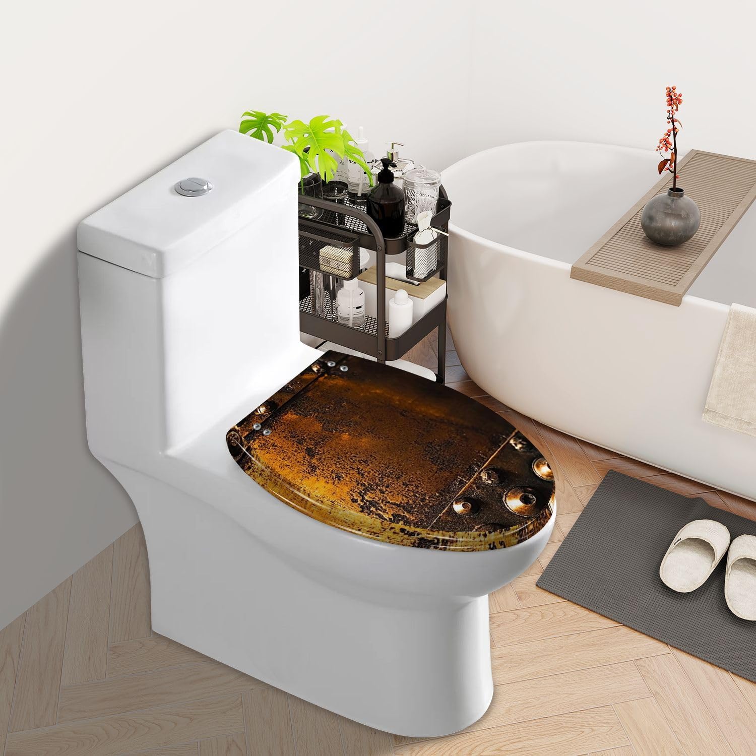 Elongated Toilet Seat Scratched Copper Rivets Resin Toilet Seat Slow Quiet Close with Quick-Release Hinges Toilet Seat with Cover Easy to Clean Install