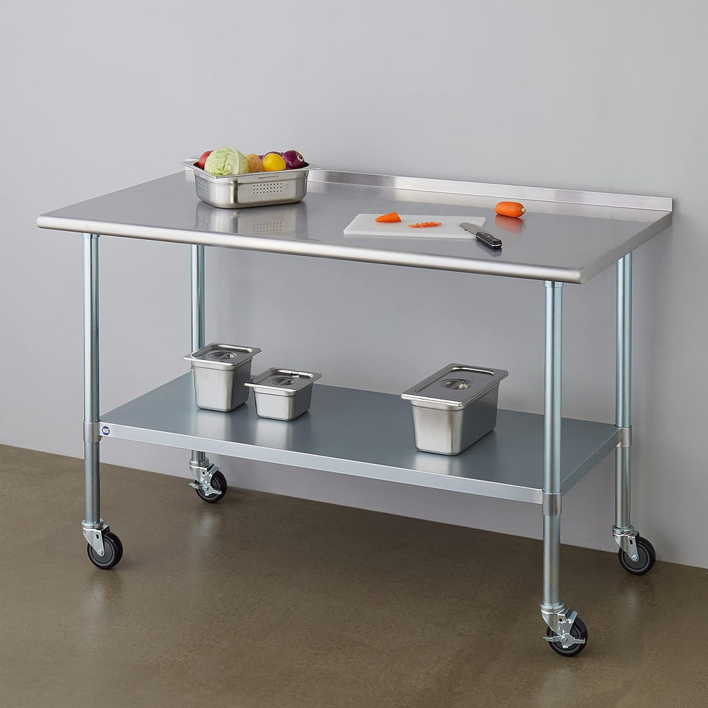 Stainless Steel Table for Prep & Work with Caster & Backsplash 30x60 Inches, NSF Metal Commercial Kitchen Heavy Duty Table with Adjustable Under Shelf and Table Foot for Restaurant, Home and Hotel