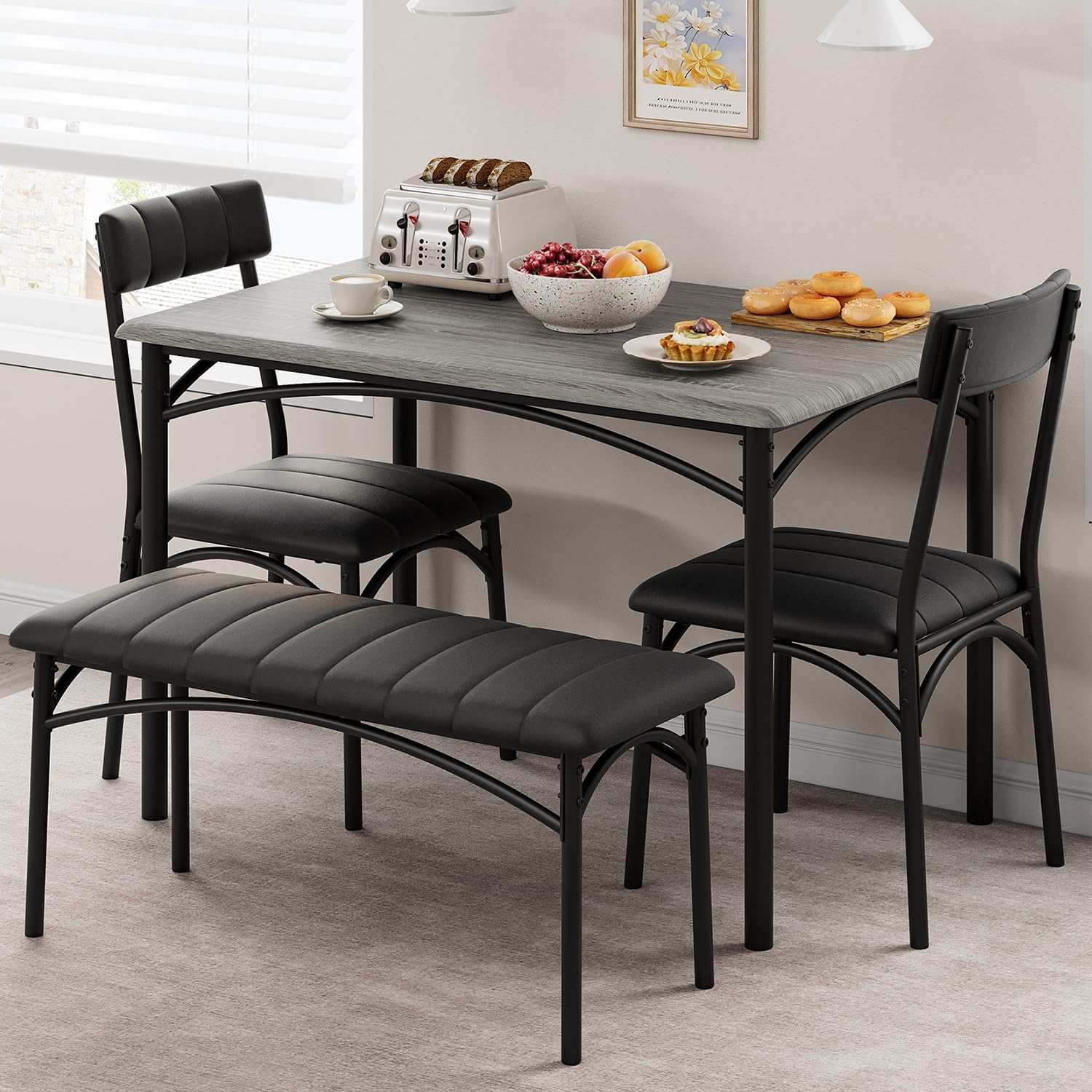IDEALHOUSE Dining Table Set for 4, Kitchen Table with Chairs for 4, Rectangular Wood Dining Room Table Set with Upholstered Bench for Small Space, Dinner, Apartment, Retro Gray