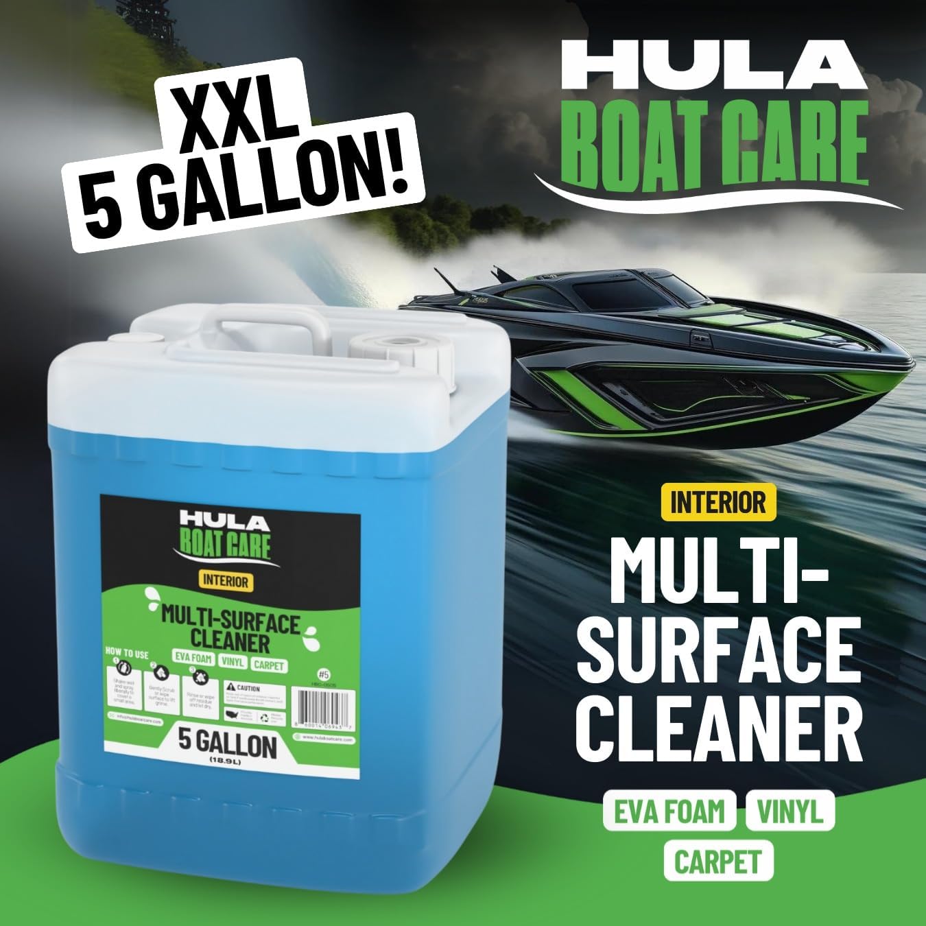 Hula Multi-Surface Cleaner — EVA Foam, Vinyl, and Carpet, 5 Gallon — Bulk Marine Interior Cleaner for Detailers and Fleets, Biodegradable, Made in USA