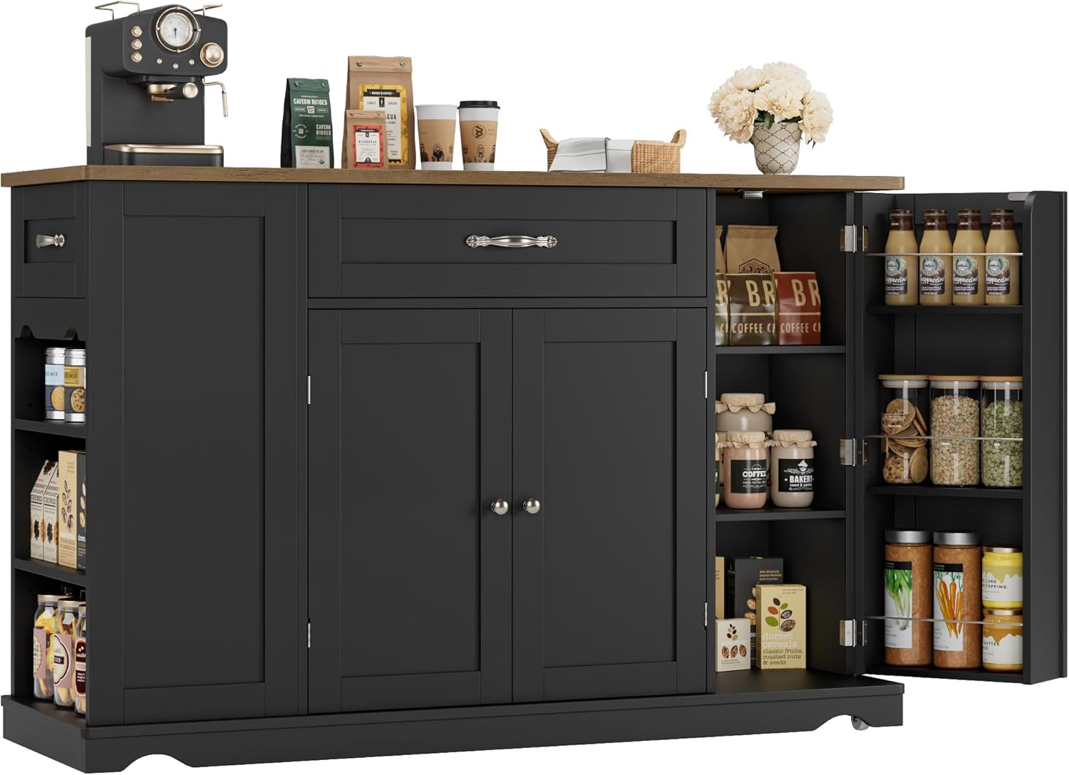 HOSTACK Kitchen Island Cart with Storage, 47'' Kitchen Storage Island on Wheels with 2 Drawers, Rolling Island Table with Adjustable Shelves, Mobile Buffet Sideboard Cabinet for Dining Room, Black