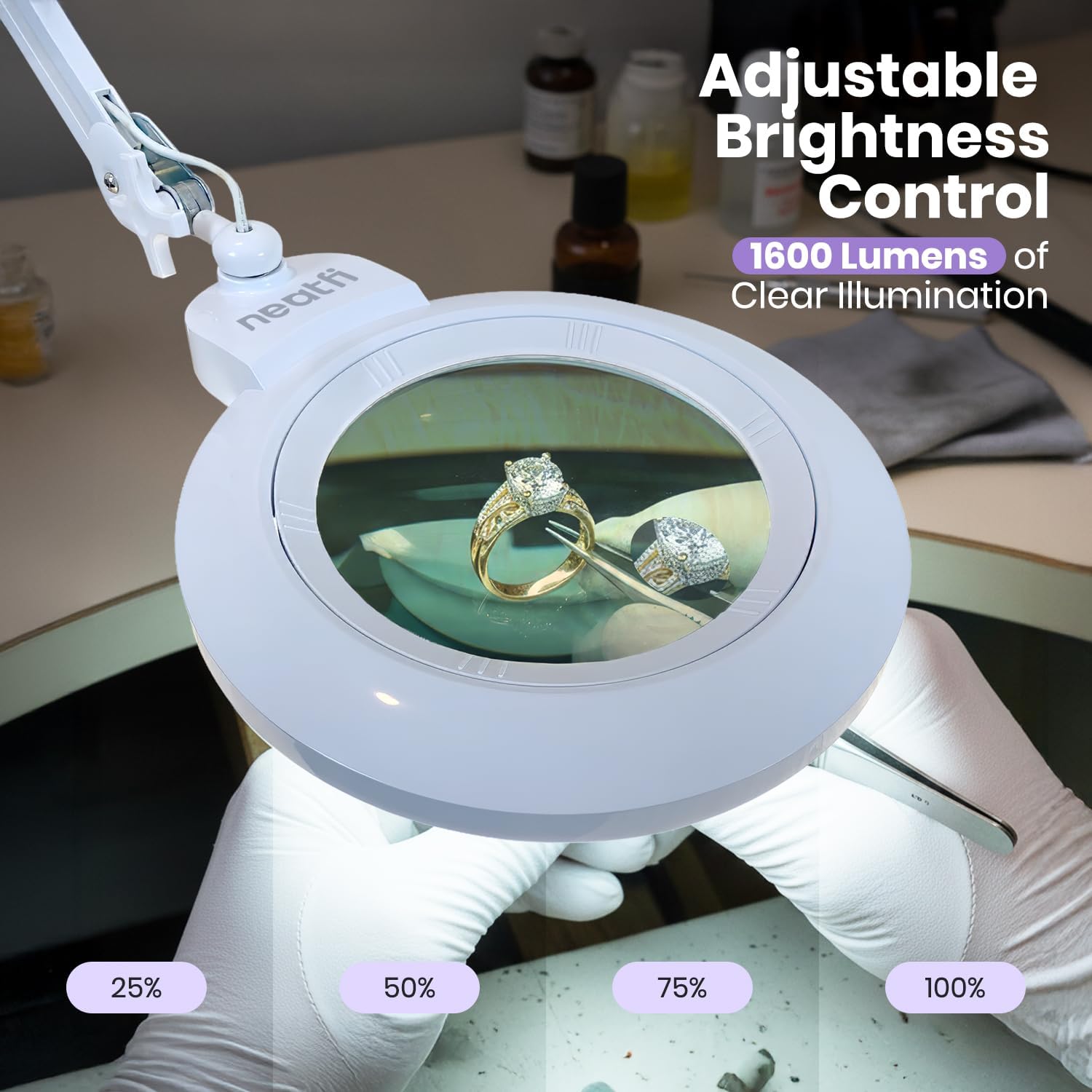 Neatfi XL LED Magnifying Lamp, Hands-Free, Dimmable, Crafts, Reading, Close Work (White, Non-CCT with Base)